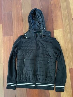 Zara Black Quilted Hooded Puffer Jacket with Stripe Trim